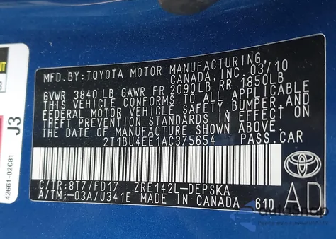 2010 Toyota Corolla S z USA, uszkodzony, nr VIN 2T1BU4EE1AC375654